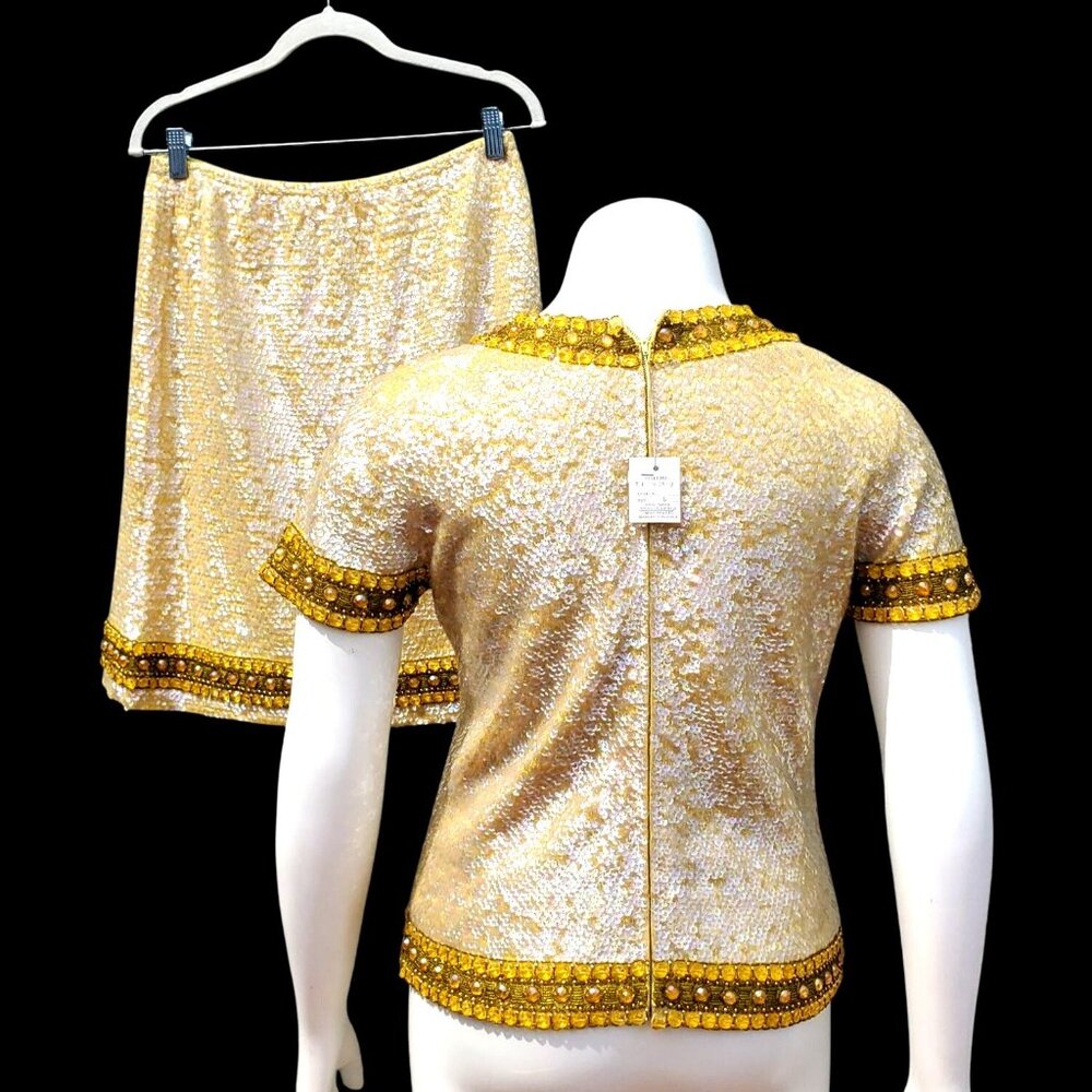 60s Sequin Beaded Yellow Skirt Set XL NWT Cleopatra Movie Inspired Hong Kong - Picture 4 of 16